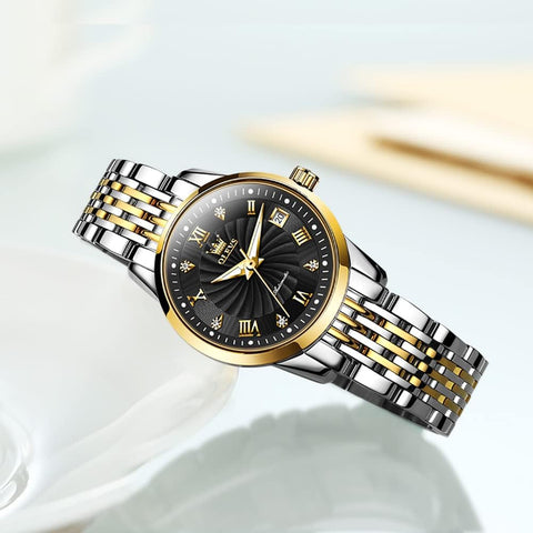 OLEVS Women Automatic Watch Diamond Mechanical Self Winding Fashion Elegant Dress Wrist Watch Black Luminous Waterproof Stainless Steel Date OLEVS