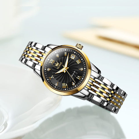 OLEVS Women Automatic Watch Diamond Mechanical Self Winding Fashion Elegant Dress Wrist Watch Black Luminous Waterproof Stainless Steel Date OLEVS