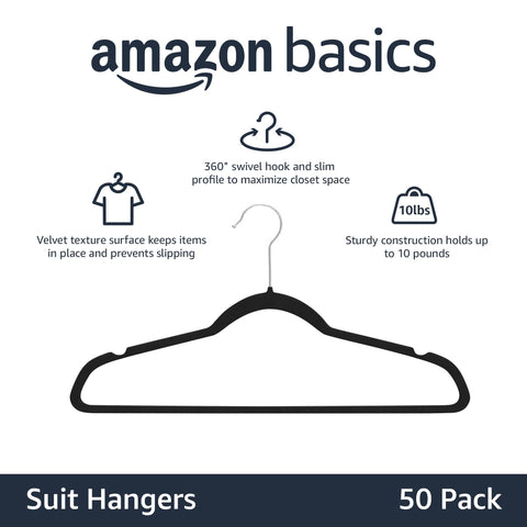 Amazon Basics Slim, Velvet, Non-Slip Suit Clothes Hangers, Pack of 50, Black Amazon Basics