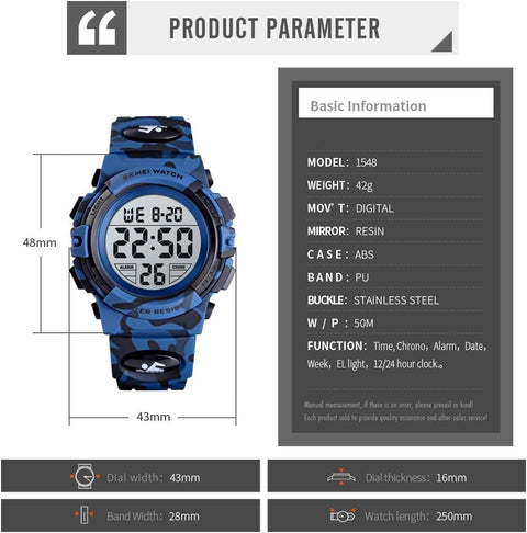 Kids Digital Watch Boys Outdoor Sports 50M Waterproof Girls Watches Alarm Clock 12/24 H Stopwatch Calendar for Ages 3-15 Boy Girl Wristwatch Kids Gift,Camo Dark Blue X