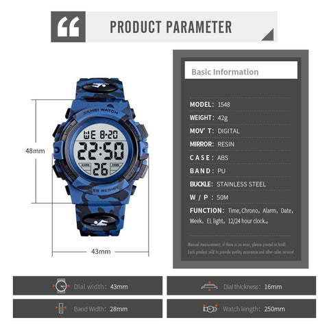 Kids Digital Watch Boys Outdoor Sports 50M Waterproof Girls Watches Alarm Clock 12/24 H Stopwatch Calendar for Ages 3-15 Boy Girl Wristwatch Kids Gift,Camo Dark Blue X