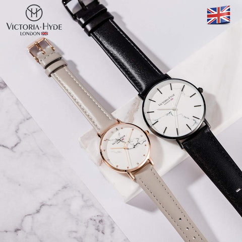 VICTORIA HYDE Couple Watches for Men Women Analog Quartz Genuine Leather Strap Waterproof Marble Dial Wristwatch Gifts Set for Lovers VICTORIA HYDE