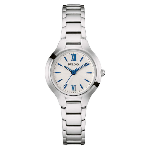 Bulova Ladies' Classic Dress 3-Hand Quartz Stainless Steel Watch, Stainless/Blue Accents Bulova