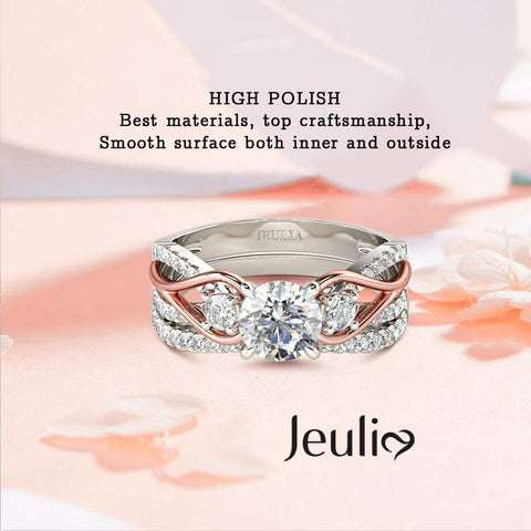 Jeulia Two Tone Rings for Women Rose Gold Three Stone Round Cut Engagement Rings Sterling Silver Halo Bridal Ring Set Anniversary Promise Wedding Ring with Jewelry Gift Box (8) Jeulia