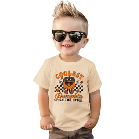 GLIGLITTR Toddler Boy Halloween Shirt Coolest Pumpkin in The Patch Tshirt Kids Spooky Season Short Sleeve Tee Top Fall Outfit(Apricot,4-5T)