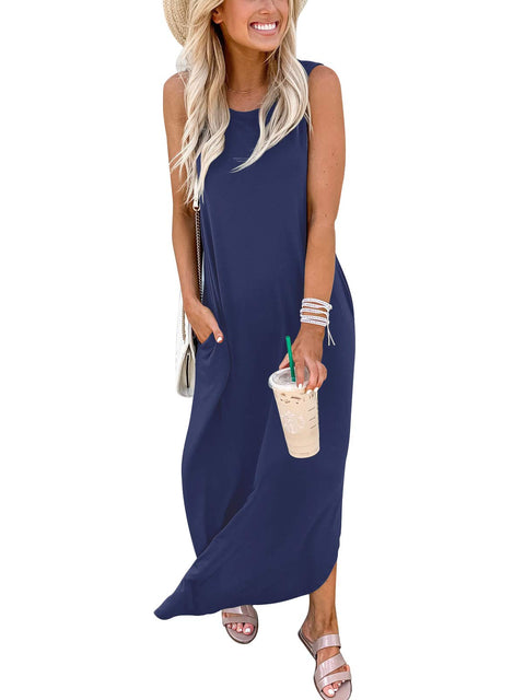 ANRABESS Women Casual Loose Sundress Sleeveless Split Maxi Long Beach Shirt Dress Travel Vacation 2025 Summer Outfits Blue Large ANRABESS