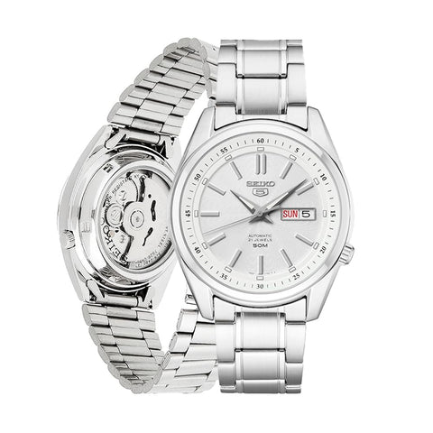 SEIKO SNKM83 Automatic Watch for Men 5-7S Collection - Silver-on-White Dial with Luminous Hands, Day/Date Calendar, Stainless Steel Case & Bracelet SEIKO