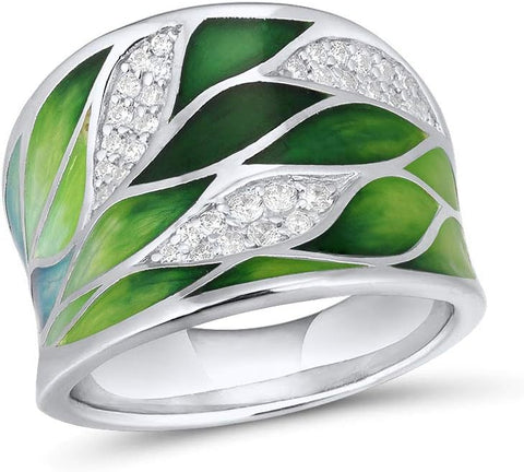 Santuzza 925 Sterling Silver Bamboo Leaves Ring White Cubic Zirconia Handmade Enamel Leaf Rings (6) Santuzza