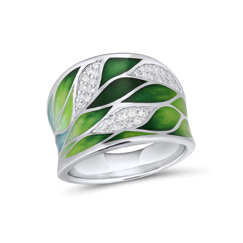 Santuzza 925 Sterling Silver Bamboo Leaves Ring White Cubic Zirconia Handmade Enamel Leaf Rings (6) Santuzza