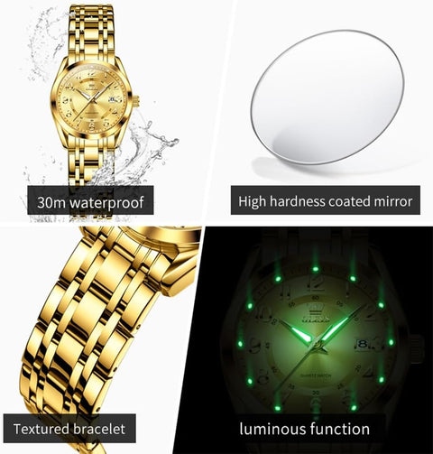 OLEVS Gold Watches for Women Luxury Dress Analog Lady Watch for Ladies Stainless Steel Waterproof Luminous Elegant Female Wrist Watch