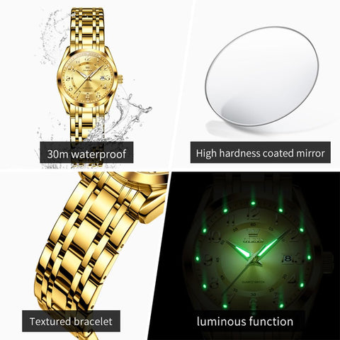 OLEVS Gold Watches for Women Luxury Dress Analog Lady Watch for Ladies Stainless Steel Waterproof Luminous Elegant Female Wrist Watch