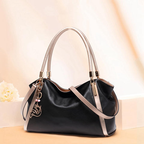 FOXLOVER Top Handle Shoulder Bags for Women Cow Leather Purses Women's Tote Handbags Satchel with Zipper Metal charm（B-Black Without Logo） FOXLOVER