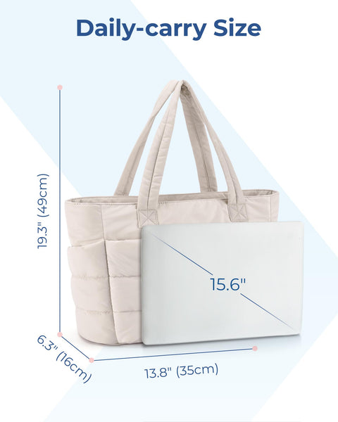 BAGSMART Tote Bag for Women, Lightweight Puffy Tote Bag with Compartments Shoulder Bag Handbag Quilted Shoulder Bag Handbag for Travel, Work, Beach, Gym, Shop(Beige) BAGSMART