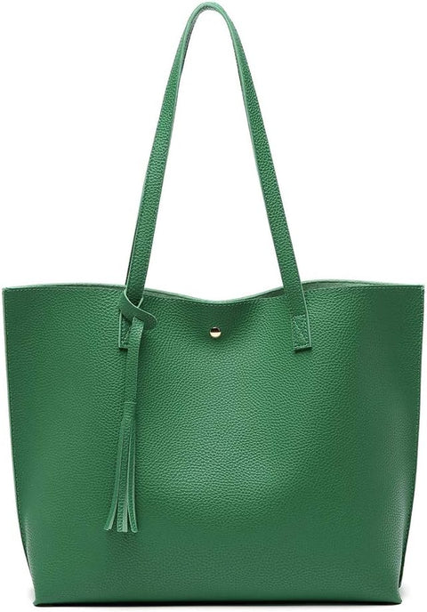 Dreubea Women's Soft Faux Leather Tote Shoulder Bag from, Big Capacity Tassel Handbag Forest Green Dreubea