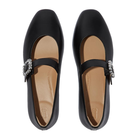 FitFlop Women's Delicato Crystal-Buckle Leather Mary Janes Ballet Flat, Black, 6.5
