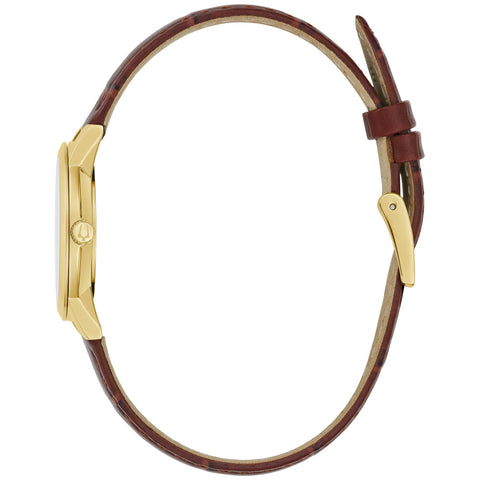 Bulova Ladies' Classic Diamond Gold Stainless Steel 3-Hand Quartz Watch, Brown Leather Strap, 27mm Style: 97P170 Bulova