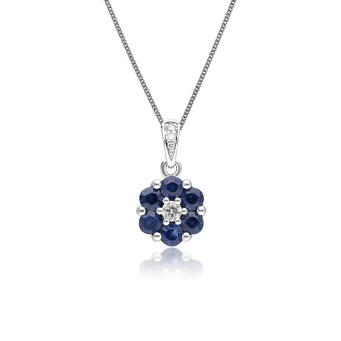 Gemondo USA 14K White Gold Round Blue Sapphire & Diamond Classic Flower Pendant