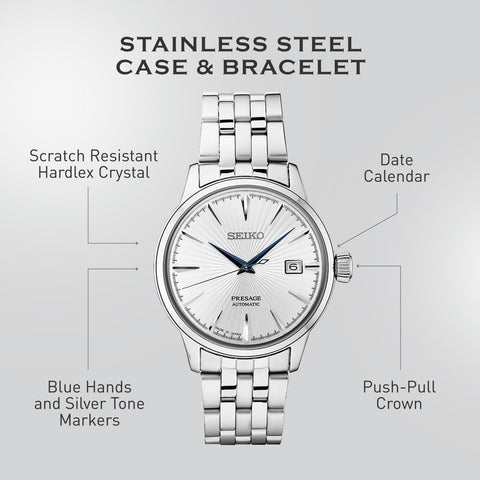 SEIKO SRPB77 Automatic Watch for Men - Presage Cocktail Time - Patterned Silver Dial with Gloss Finish, Date Calendar, 50m Water-Resistant SEIKO