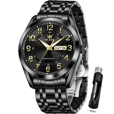 OLEVS Black Watches for Men Classic Business Dress Large Number Analog Watch Waterproof Luminous Easy Reader Male Wristwatch