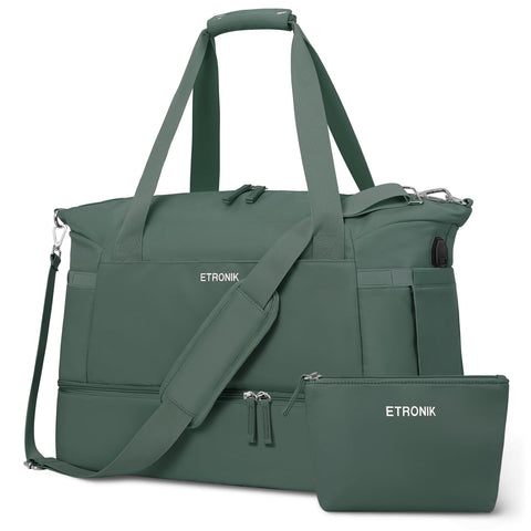 ETRONIK Gym Bag for Women, 55L Travel Duffel Bag with USB Charging Port, Weekender Overnight Bag with Wet Pocket and Shoes Compartment for Women Travel, Large Size (Dark Green) ETRONIK