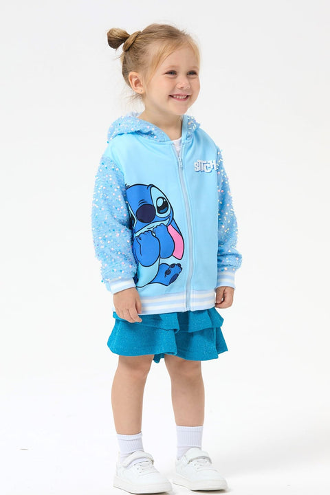 Disney Stitch Toddler Girl Jacket Light Blue Sequin Character Print Zipper Hoodie Sweatshirt Coat Birthday Party School Christmas Clothes 4-5T