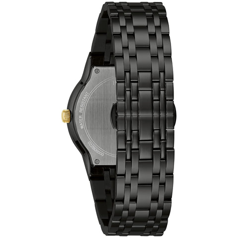 Bulova Men's Modern Black Ion-Plated Stainless Steel 3-Hand Calendar Date Quartz Watch, Gold Tone Accents and Diamond Dial, 40mm Style: 98D166 Bulova
