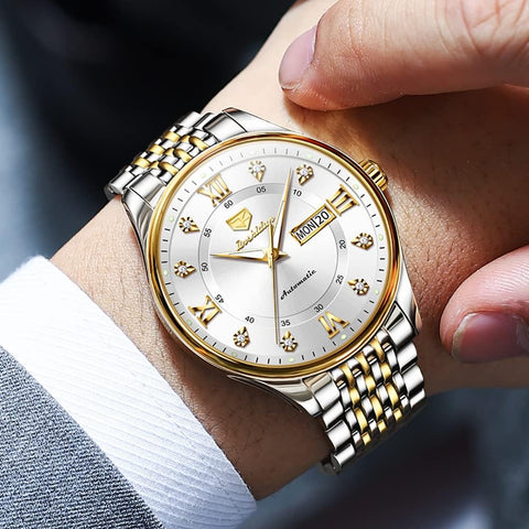 OLEVS Automatic Watches for Mens Luxury Diamond Self Winding Mechanical Dress White Wrist Watch Waterproof Luminous Stainless Steel Day Date OLEVS