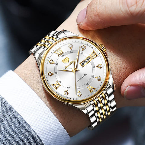 OLEVS Automatic Watches for Mens Luxury Diamond Self Winding Mechanical Dress White Wrist Watch Waterproof Luminous Stainless Steel Day Date OLEVS