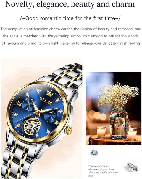 OLEVS Womens Automatic Skeleton Watches Luxury Diamond Self Winding Fashion Dress Wrist Watch Waterproof Luminous OLEVS