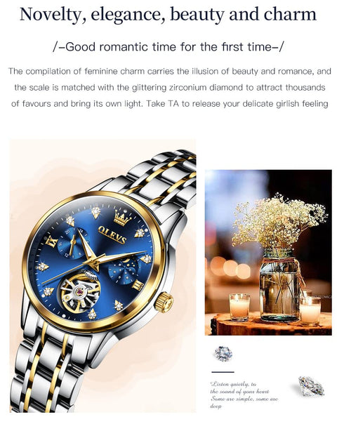 OLEVS Womens Automatic Skeleton Watches Luxury Diamond Self Winding Fashion Dress Wrist Watch Waterproof Luminous OLEVS