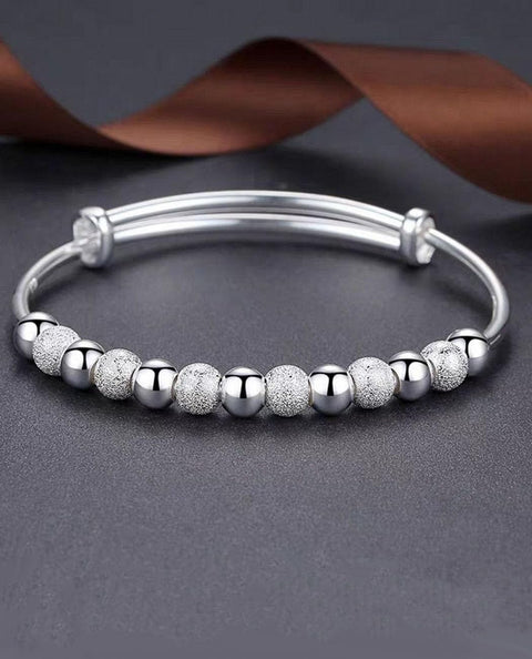 Kim Carrey S925 Silver Bangle Bracelet for Women, Elegant Women‘s Sterling Silver Bracelet Bangle Adjustable 6.4-7.8 inches Small Size (Frosted and Smooth Beads) Kim Carrey