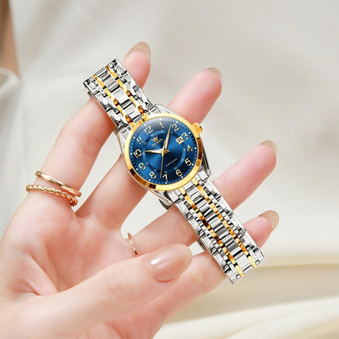 OLEVS Womens Watches Classic Business Two Tone Analog Quartz Female Wristwatch Ladies Luminous Calendar Easy Read Blue Reloj de Mujer