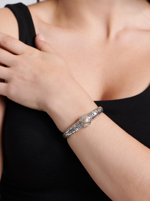 DEVATA Sterling Silver 925 and 18K Gold Bali Filigree Cuff Bracelet DHK3255ATT (Size M) DEVATA