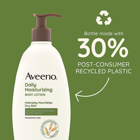 Aveeno Daily Moisturizing Body Lotion, Body Lotion for Dry Skin with Prebiotic Oat, Paraben Free, Fragrance Free, Non-Greasy, Non-Comedogenic Moisturizer, 18 FL OZ Aveeno