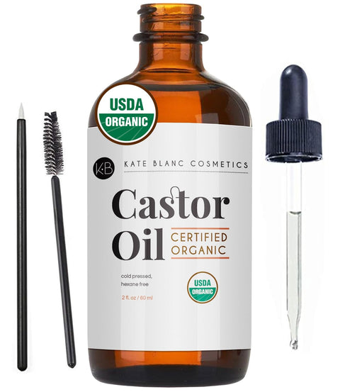 Kate Blanc Cosmetics Castor Oil Organic (2oz), 100% Pure, Cold Pressed, Hexane Free. Natural Oil for Hair, Eyelashes, Eyebrows. Skin Moisturizer with Starter Kit Kate Blanc Cosmetics