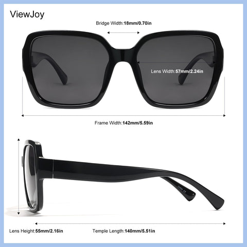 ViewJoy Oversized Sunglasses for Womens Polarized Square Fashion Designer Classic Trendy Black Frame