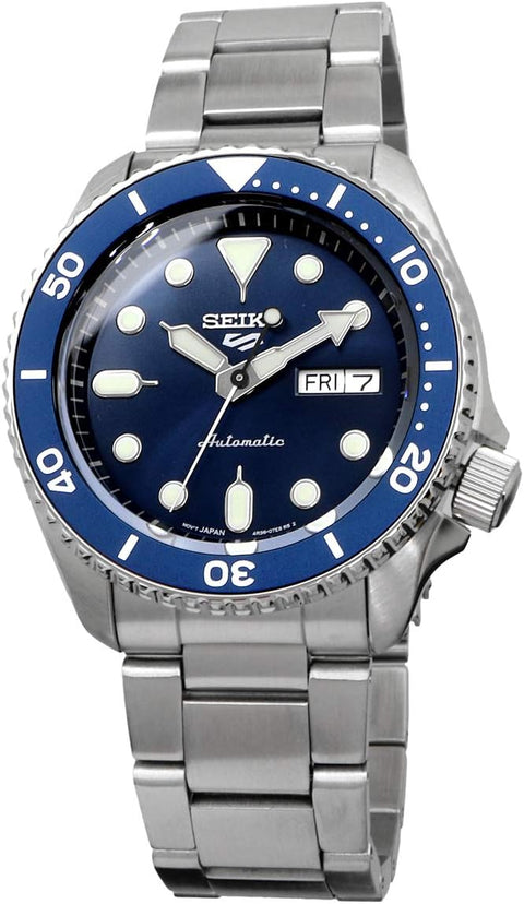 Seiko SRPD51 Automatic Watch for Men - 5 Sports - Blue Sunray Dial, Day/Date Calendar, LumiBrite Hands and Markers, and Rotating Bezel, 100m Water-Resistant