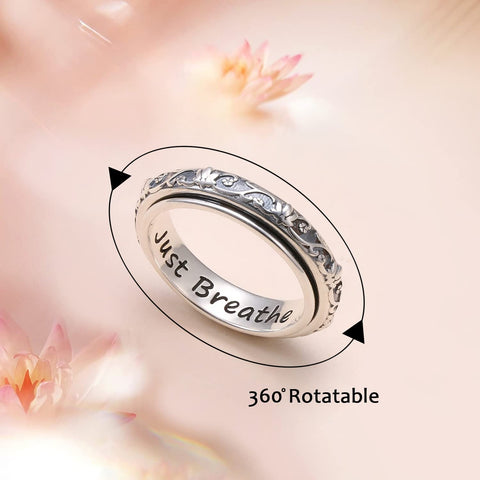 Ladytree Spinner Fidget Ring S925 Sterling Silver Lotus Flower Yoga Just Breathe Anxiety Worry Band Oxidized Fidget Stress Relieving Boredom ADHD Autism Rings for Women Men,Size 8 Ladytree