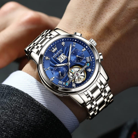 OLEVS Watches for Men Skeleton Automatic Mechanical Diamond Self Winding Gold Luxury Wristwatch Luminous Waterproof Business Dress Watch OLEVS