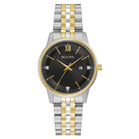 Bulova Ladies' Classic Diamond Two-Tone Gold Stainless Steel 3-Hand Calendar Date Quartz Watch, Black Dial Style: 98P198 Bulova