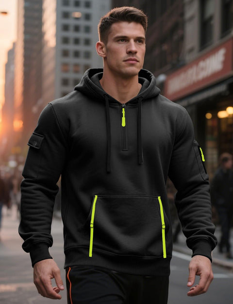 QOSOQ Men's Pullover Hoodies Quarter Zip Long Sleeve Shirts Drawstring Sports Casual Hooded Sweatshirts with Pockets Black