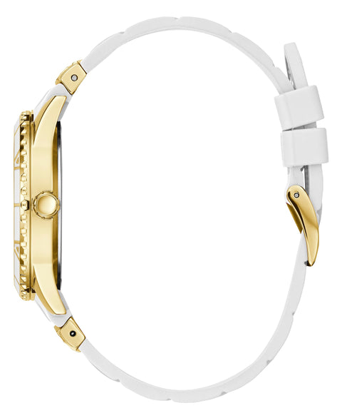 GUESS Ladies 38mm Watch - White Strap White Dial Gold Tone Case GUESS