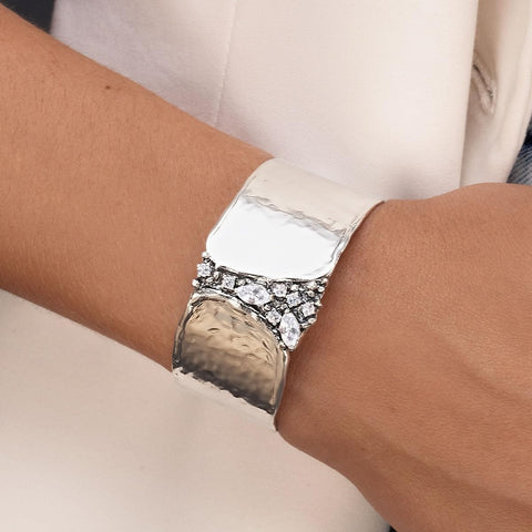 925 Sterling Silver Cuff Bracelet With 2.60 TCW White Facet Cubic Zirconia, Statement Jewelry, Hypoallergenic, Nickel and Lead-free, Artisan Handcrafted Designer collection, Made In Israel JEAN RACHEL JEWELRY