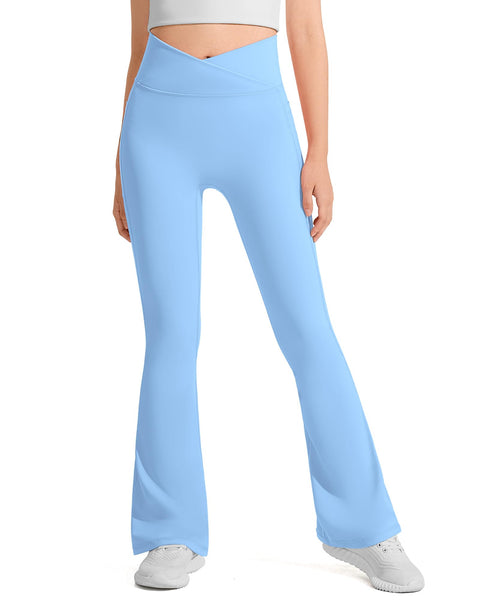 JOCMIC Girls Flare Leggings Kids Bell Bottom High Waisted Dance Yoga Flared Pants Sky Blue 9-10 Years