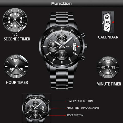 CRRJU Men's Black Watch Fashion Business Chronograph Quartz Wristwatches,Luxury Stainsteel Steel Band Waterproof Watch for Men CRRJU
