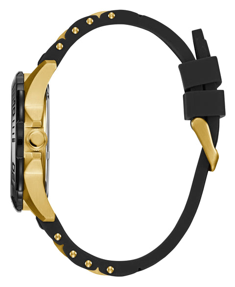 GUESS Mens 43mm Watch - Black Strap Black Dial Gold Tone Case GUESS