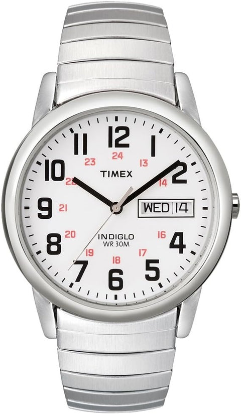 Timex Men's Easy Reader 35mm Day-Date Watch – Silver-Tone Case White Dial with Silver-Tone Expansion Band