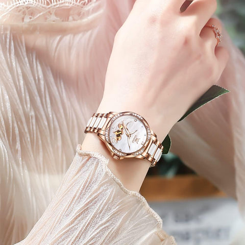 OLEVS Automatic Watches for Women Rose Gold Fashion Diamond Dress Ladies Wrist Watch Self Winding Mechanical Two Tone Ceramic Band Waterproof Luminous Gift Set OLEVS