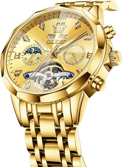 OLEVS Automatic Men Gold Watch Skeleton Mechanical Business Dress Stainless Steel Waterproof Luminous Calendar Luxury Classic Wrist Watch Male