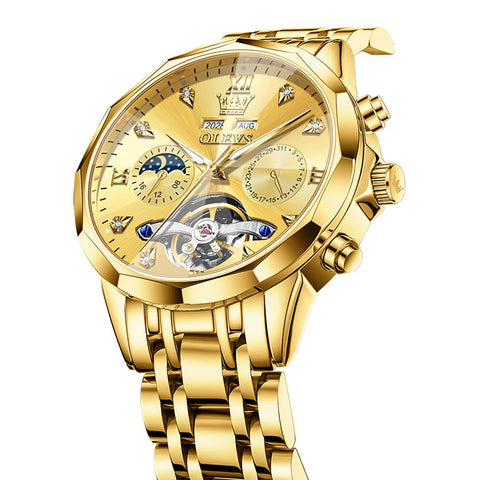 OLEVS Automatic Men Gold Watch Skeleton Mechanical Business Dress Stainless Steel Waterproof Luminous Calendar Luxury Classic Wrist Watch Male